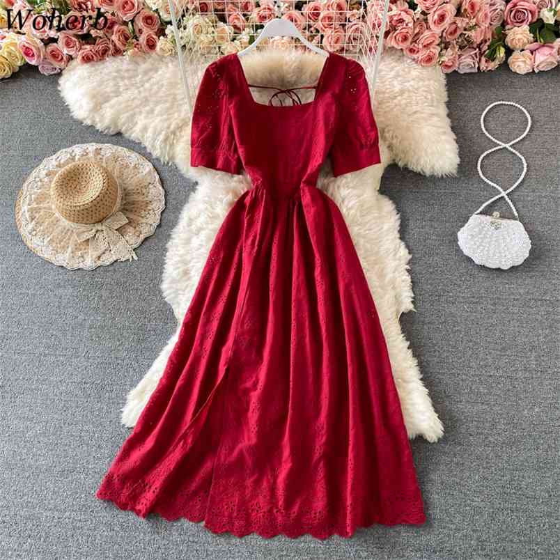 Summer Vestidos Mujer Chic Hollow Out Crochet Floral Vintage Dress Square Collar Puff Sleeve Split Maxi Dresses Women 210519