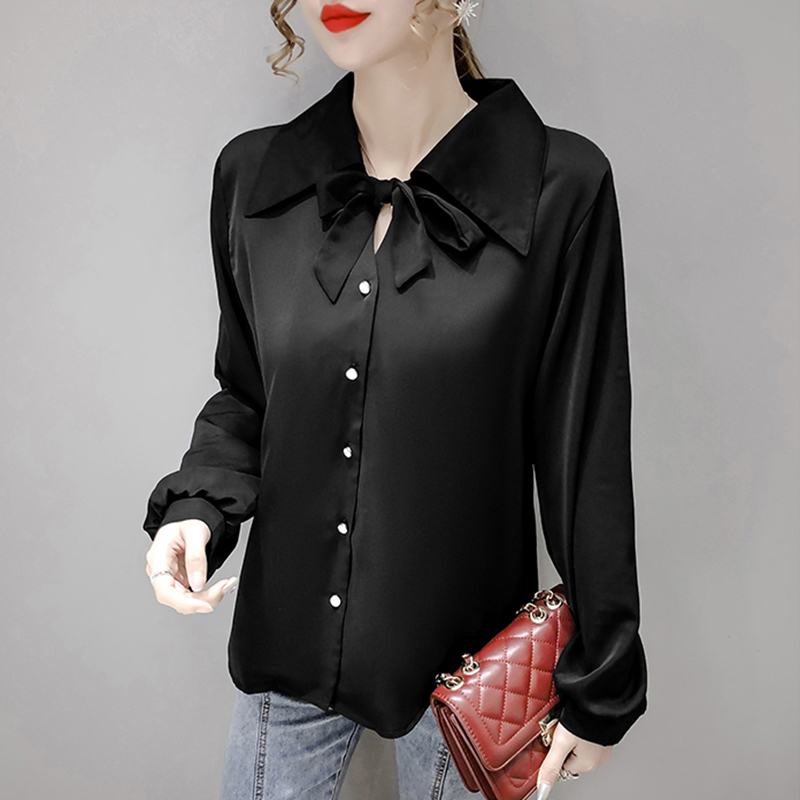 QOERLIN Elegant OL Tops Shirt Women Work Shirts Long Sleeve Bowtie Blouse Single Breasted Women Black Blusas Feminina Plus Size 210412