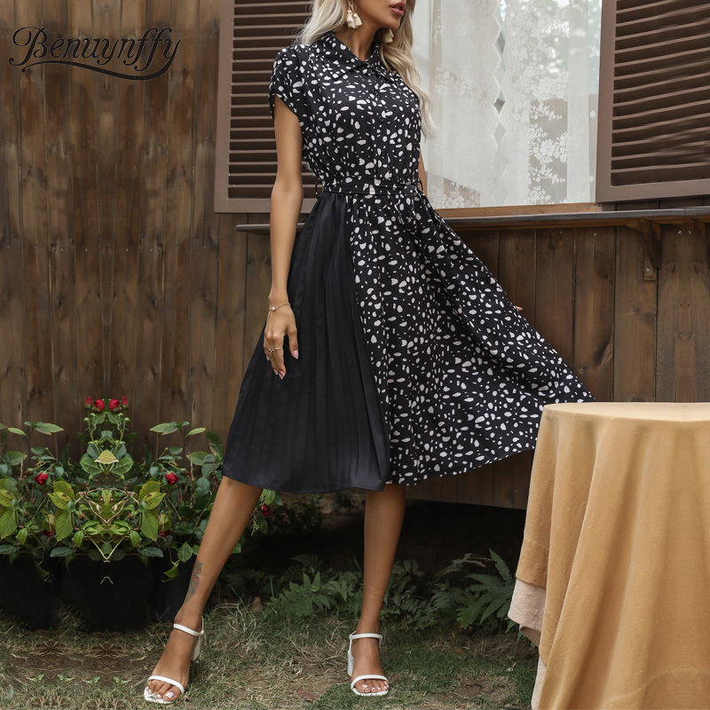Turndown Collar Half Button Shirt Dress With Belt Summer Short Sleeve OL Casual Women Contrast Print A-line 210510