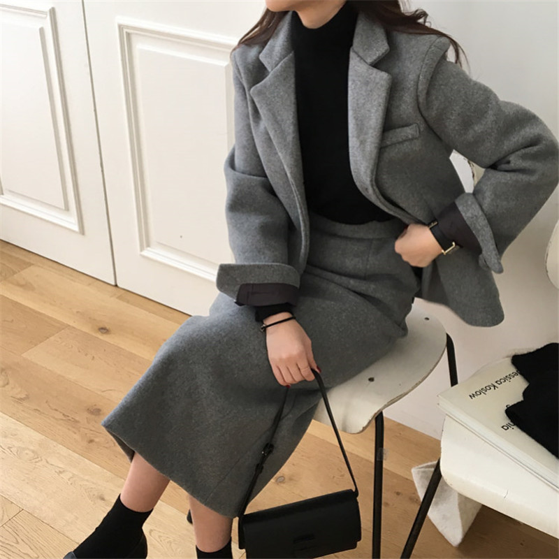 OL Single-breasted Woolen Blazer Coat Women Autumn Winter Elegant Tops Loose Notched Suit Jacket Solid Blazers 210421