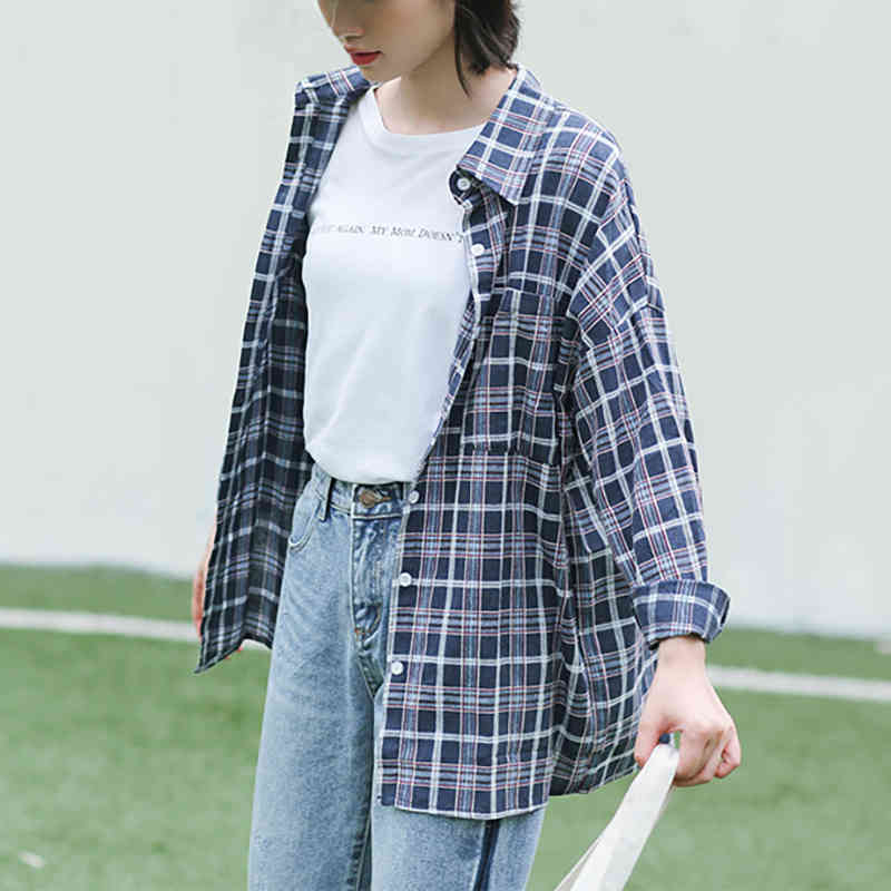 Women Elegant Plaid Blouse Bawting Long Sleeve Lady Shirts Pocket Turn Down Collar Casual Shirt Tunic Roupas Feminina 210508