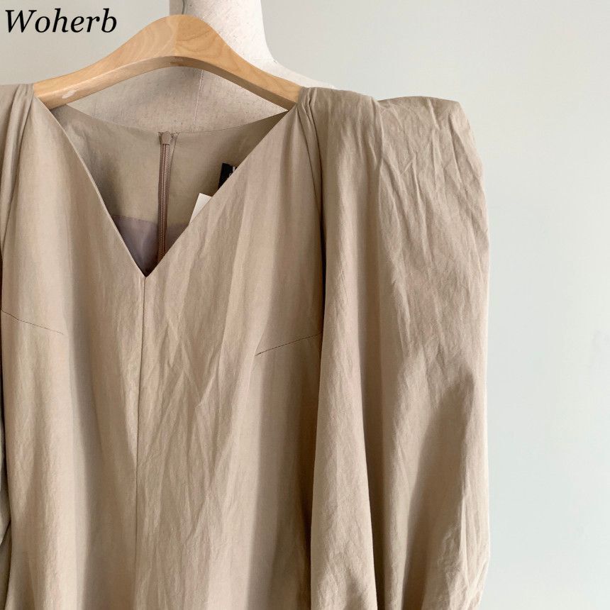 Solid Midi Elegant Office Lady Dress Women Casual Puff Sleeve Streetwear All Match Dresses Korean Chic Fashion Vestidos 210519