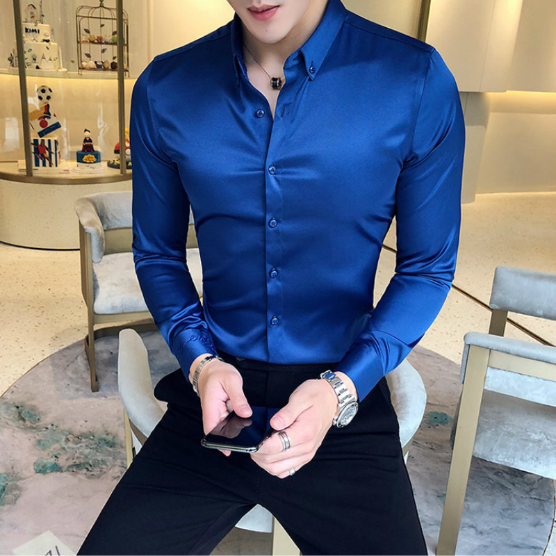 Neckline Embroidery Mens Shirts Long Sleeve Casual Slim Fit Men Dress Shirts Solid Color Formal Business Social Clothing Blouse 210410