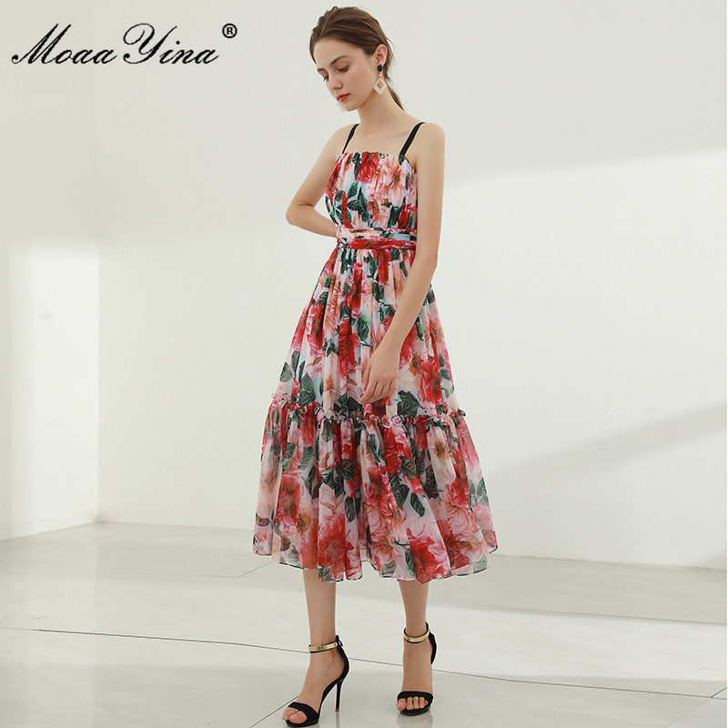 Women's Summer Sexy Spaghetti Strap Dress High waist Floral print Vacation Bohemian Ladies Chiffon Midi 210524