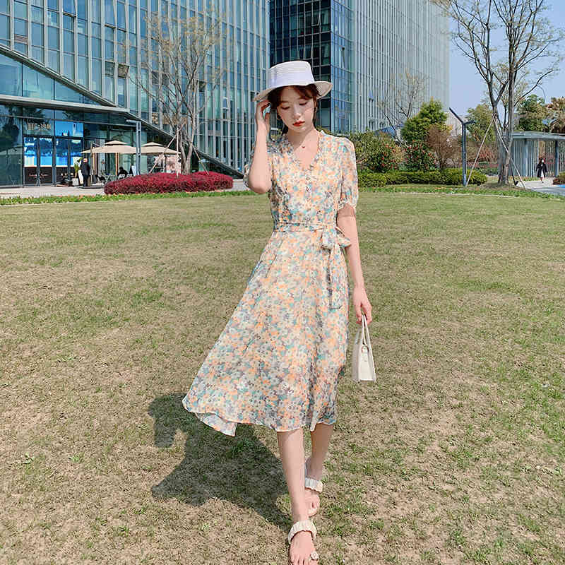 Prairie Style A-Line Chiffon Dresses For Women Oil Paint Floral Prints Dress Summer V-neck Short Sleeves Dress Vestidos 210515