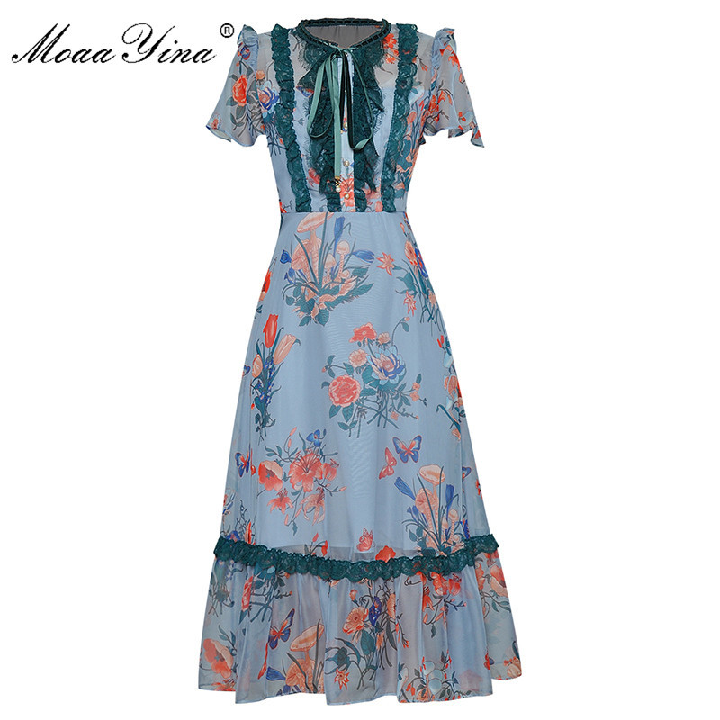 Fashion Runway dress Summer Women's Dress Butterfly Sleeve Lace Floral Print Chiffon Dresses 210524