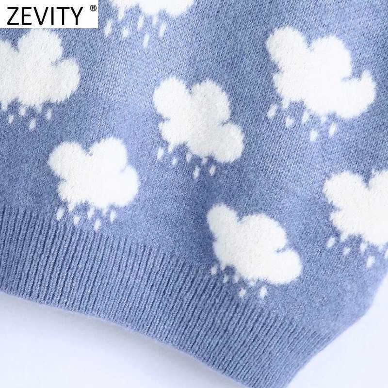 Zevity Women Fashion V Neck Cloud Pattern Knitting Sweater Female Sleeveless Casual Slim Vest Chic Leisure Pullovers Tops S669 210918