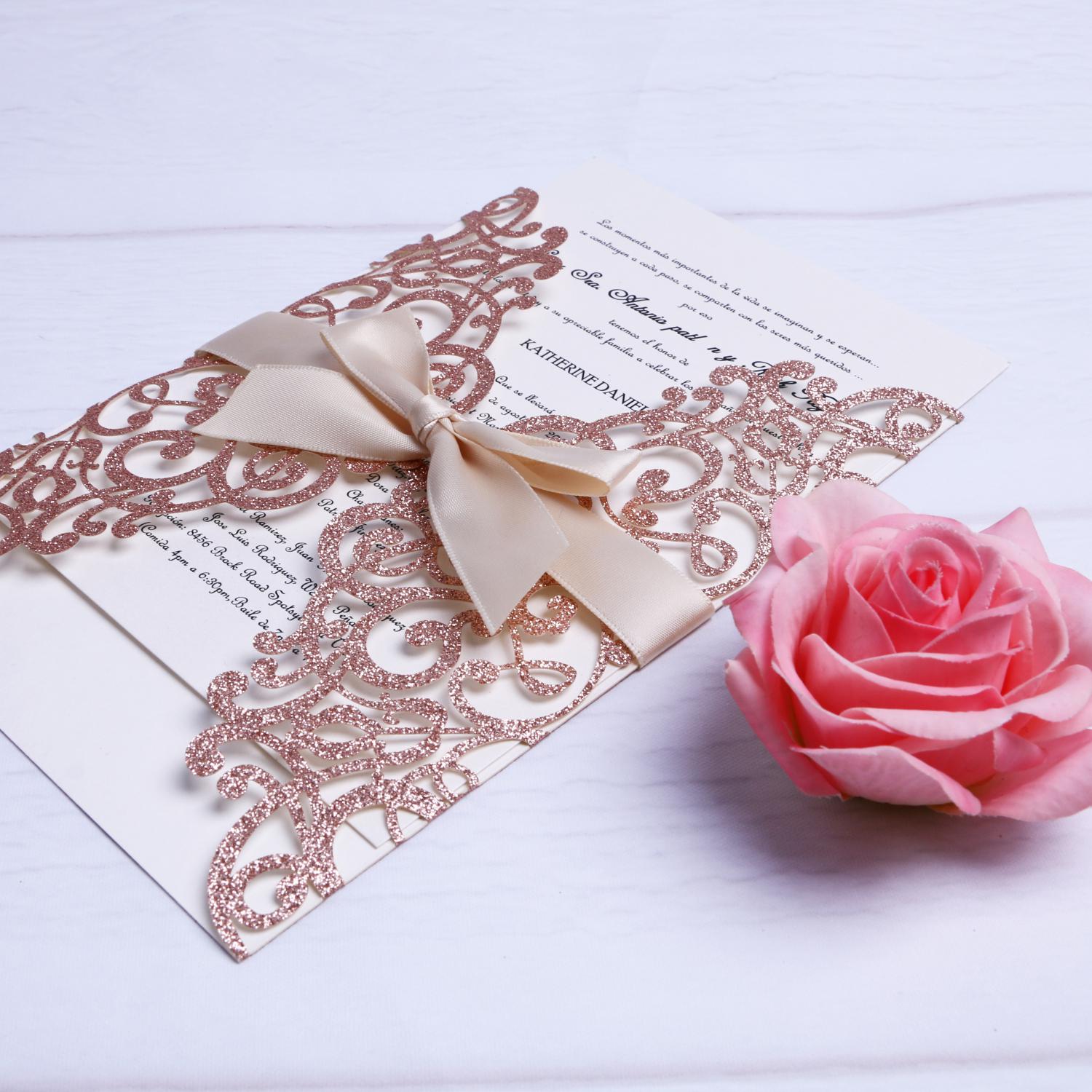 2021 New Rose Gold Glitter Laser Cut Invitations Cards With Beige Ribbons For Wedding Bridal Shower Engagement Birthday Graduation