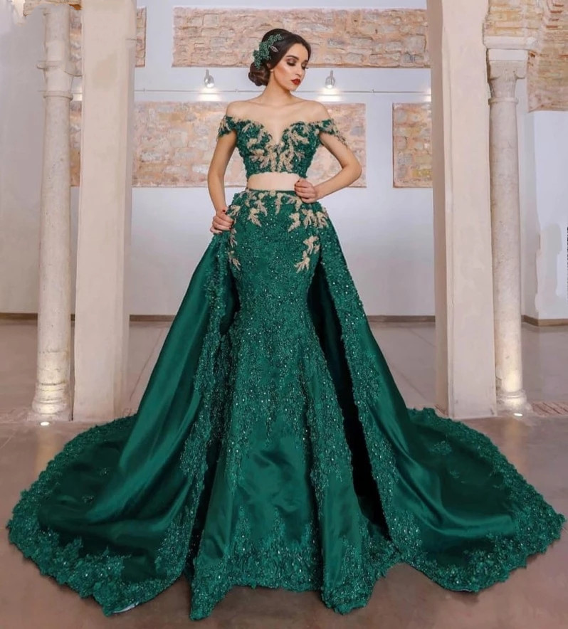 Arabic Two Pieces wedding dress with Detachable Train Lace Applique Green Mermaid bridal gowns Robe De Soirée De Mariage