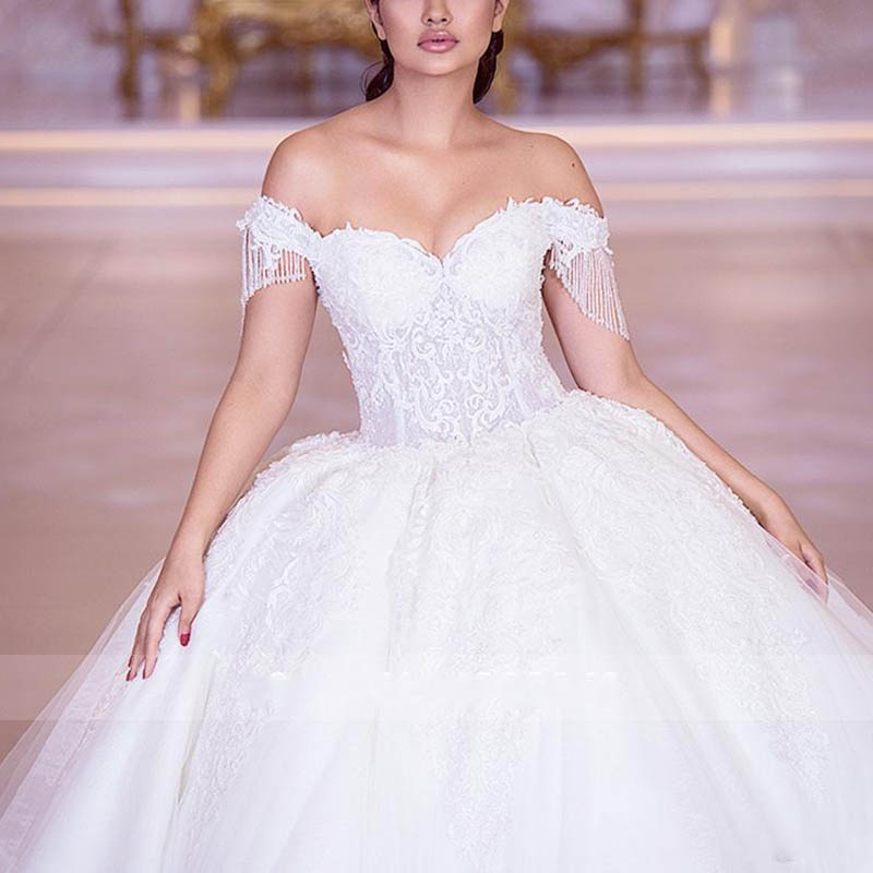 Luxury Beaded Lace Wedding Dress Appliqued Ball Gown 2022 Gorgeous Off Shoulder Ivory White Tulle Bridal Wedding Gowns Sweetheart Princess Bride Dress