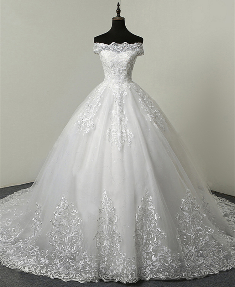Vintage Lace Ball Gown Wedding Dresses Appliques Short Sleeve Court Train Long Bridal Formal Wear Plus Size Bride Dress Ivory White Tulle