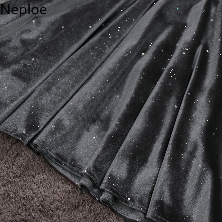 Neploe Chic Sequined Velvet Dress Patchwork Gauze Beading Robe Stand Neck Hollow Out Vestidos Flare Sleve Elegant Dresses Women 210422