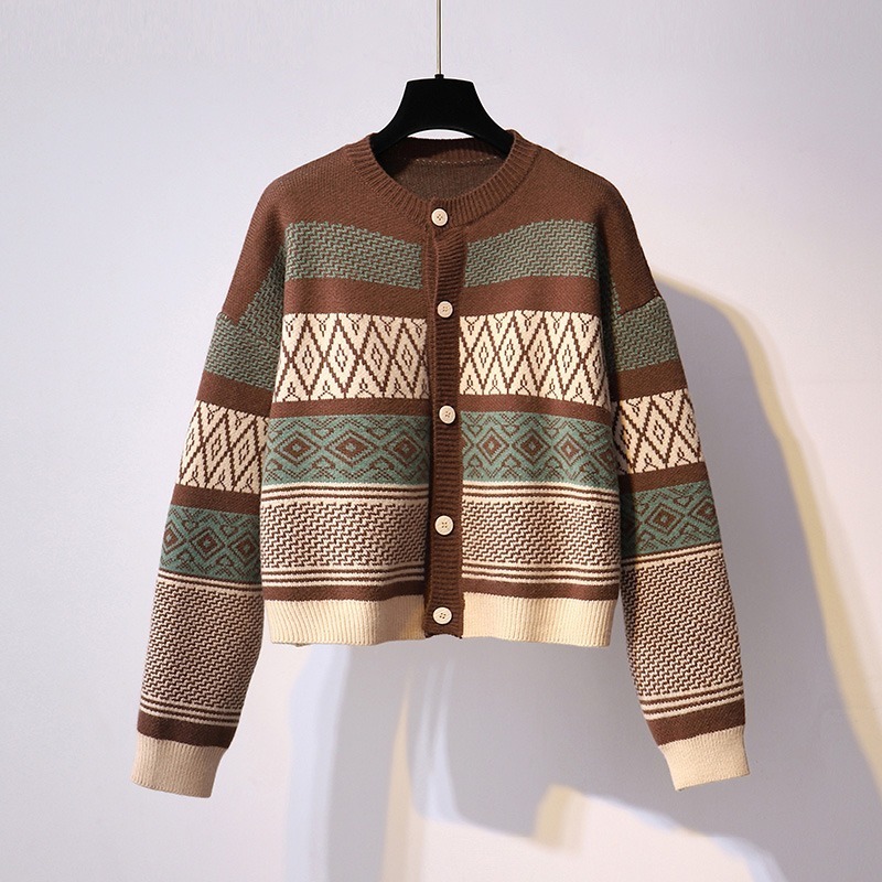 Autumn Winter Clothes Women Sweaters Print Vintage Warm Short Cardigans Korean Style Loose Mujer Sueter 17866 210415