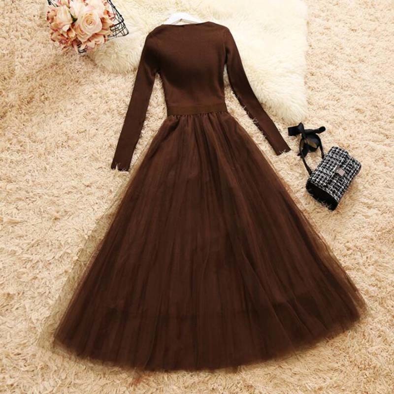 Women Knit Dress Autumn Winter O-Neck Long Sleeve Knitted Patchwork Mesh Dresses Female Elegant Fluffy Dress Vestidos 210521