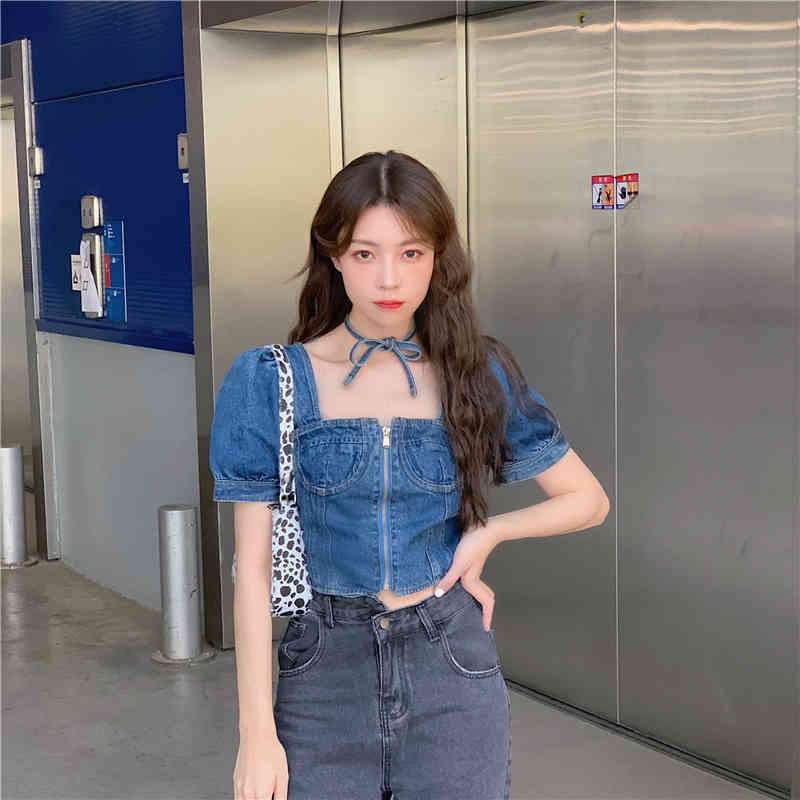 Chic Korean Vintage Shirts & Blouses Square Neck Puff Short Sleeve Zipper Crop Tops Denim Blouse Women Casual Blusas De Mujer 210429