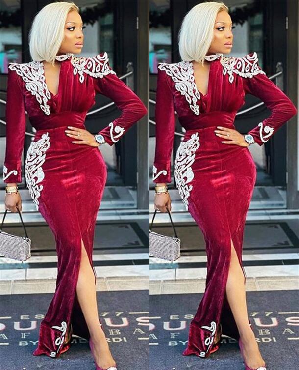 2022 Plus Size Arabic Aso Ebi Burgundy Sexy Sheath Prom Dresses Lace Long Sleeves Velvet Evening Formal Party Second Reception Bridesmaid Gowns Dress 