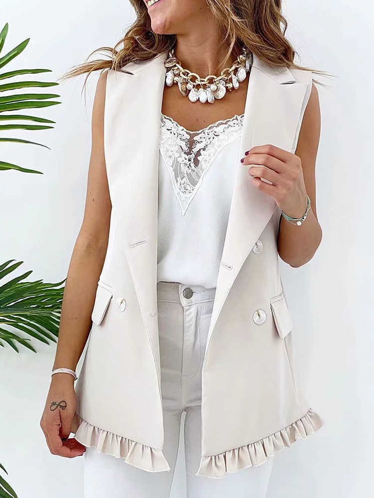 SLMD Stylish Chic Khaki Ruffles Double Breasted Vest Coat Women Fashion Pockets Waistcoat Female Casual Outfitsar 210915