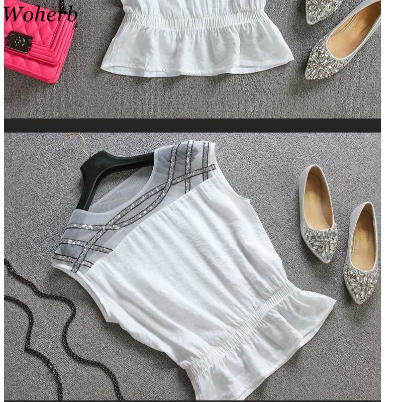 Summer Sequined Patchwork Chiffon Blouse Women Sleeveless Mesh See Through Top Slim Waist Casual Shirt Ruffle Blouses 210519