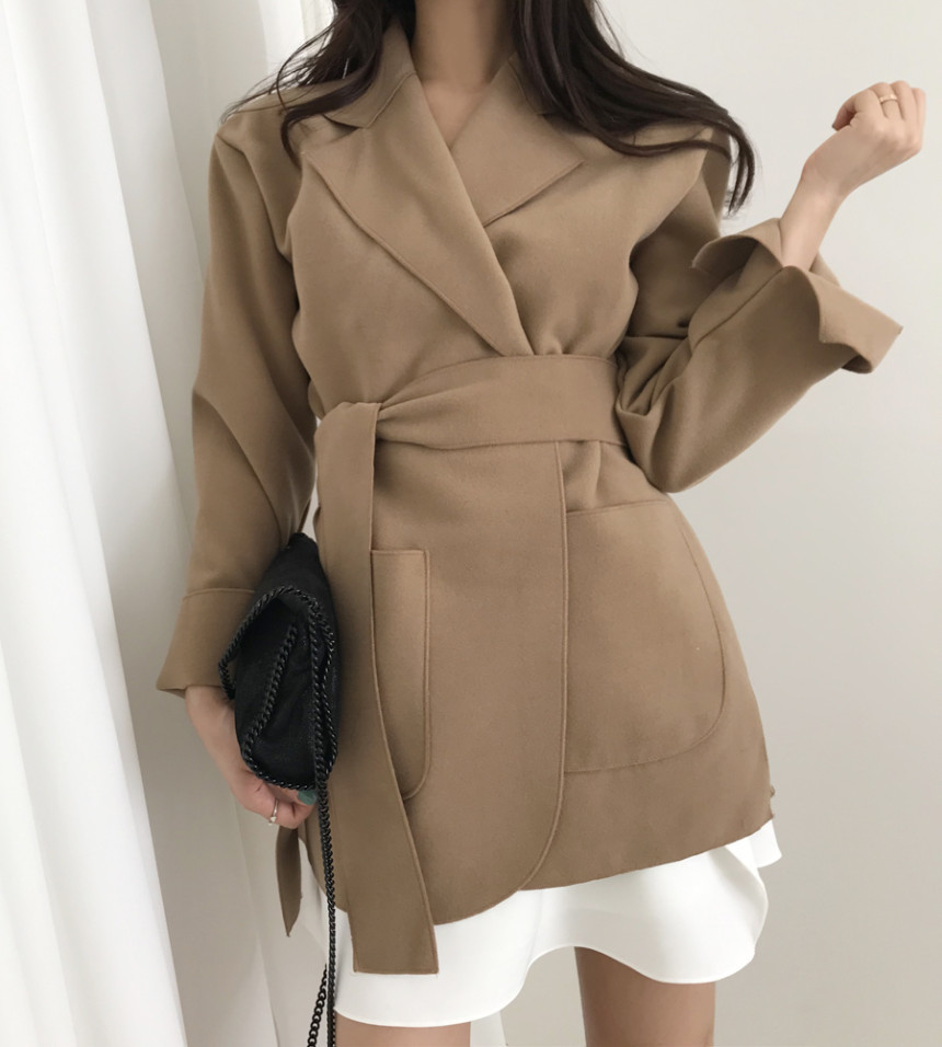 OL Notched Solid Chic Lace-up Woolen Blazer Coat Female Autumn Winter Elegant Formal Women Blazers Suit Jacket 210421