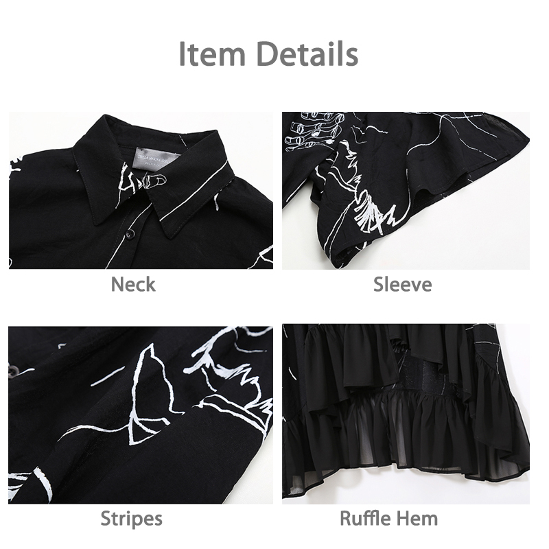 Unique Streetwear Style Woman Summer Plus Size Black Casual Shirt Dress Half Sleeve Ruffles Printed Ladies Dress Loose Robe 3751 210331