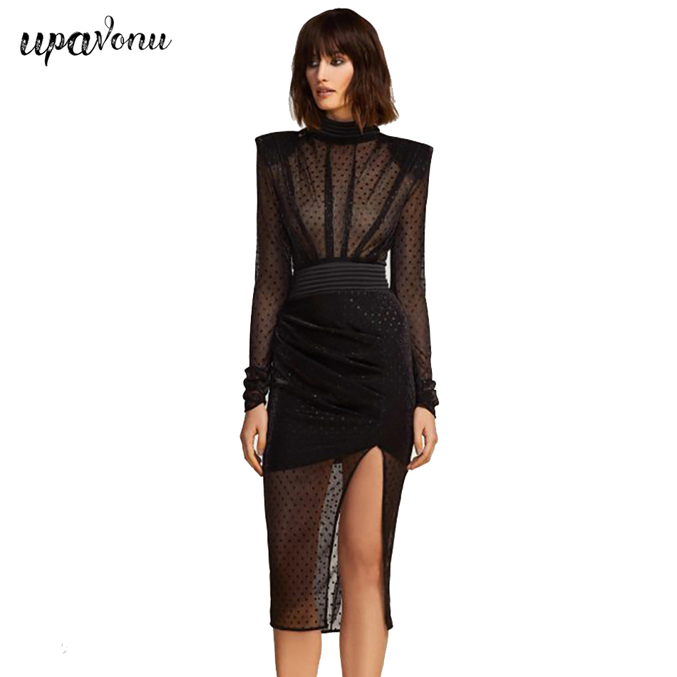 Free Polka Dot Lace Bandage Dress Sexy Stand Collar Long Sleeve Perspective Bodycon Split Club Party Vestido 210524