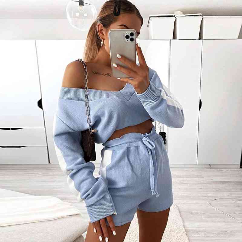 Tracksuit Women Autumn Winter Women's Contrasting Color Long Sleeve V-neck High Waist Shorts Casual Suit women 2 piece set 210508