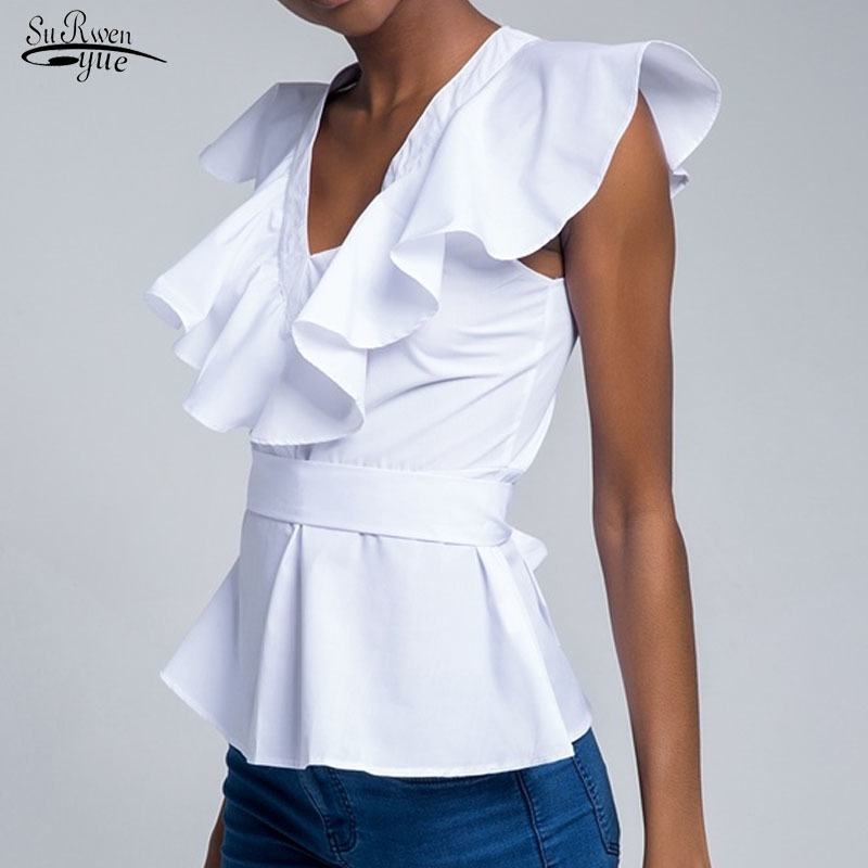 Summer Style Solid Cotton V-neck Sleeveless Lace-up Blouse White Tops Simple Slim Fit Women Shirts Chemisier Femme 10301 210521, Blue 
Summer Style Solid Cotton V-neck Sleeveless Lace-up Blouse White Tops Simple Slim Fit Women Shirts Chemisier Femme 10301 210521, Blue