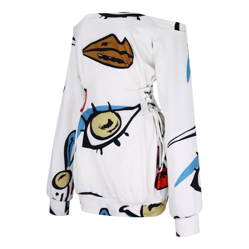Casual Dresses Women Abstract Print Off Shoulder Dress Streetwear Lace-Up Eyelet Long Sleeve Women's Straight Vestidos