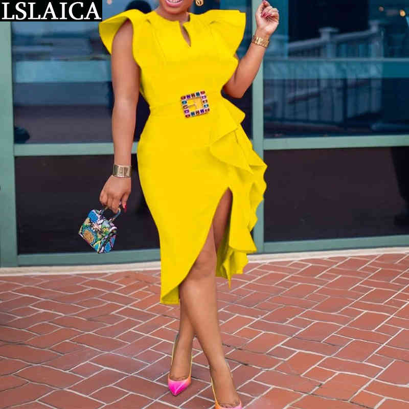 Irregular Dress Solid Color Fashion Personalized Elegant Formal Party Slim Flounced Edge V-Neck Flying Sleeve Casual 210515