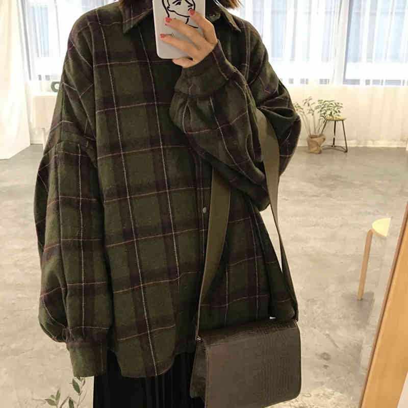 Flectit Flannel Oversized Shirt Long Sleeve Collared Boyfriend Plaid Blouse Fall Winter Women's Blouses & Shirts * 210402