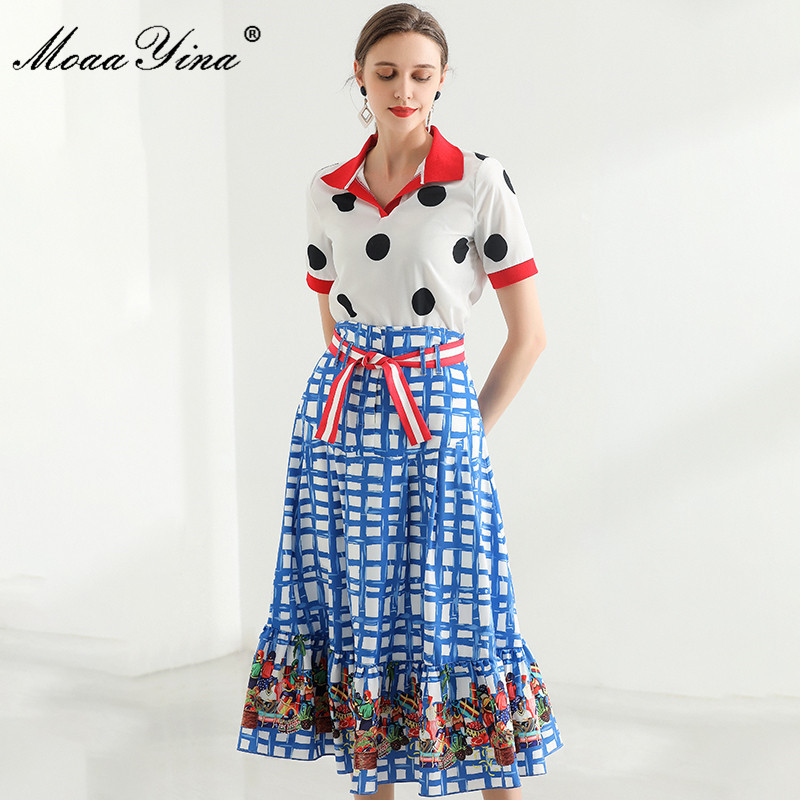 Summer Fashion Blue Skirts Sets Women's Casual polka dot Tops and Floral print Midi Plaid 2 Pieces Suit 210524