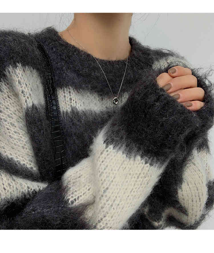Mohair Striped Oversized Sweater Pullover Women Winter Long Loose Knitted Korean Fashion Clothing 210427