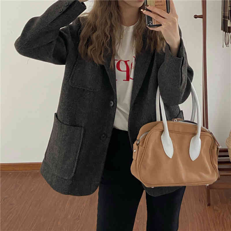Grey Woolen Outwear Retro Blazers All Match Women Gentle Streetwear Jackets Female Chic Korean Vintage Coats 210421