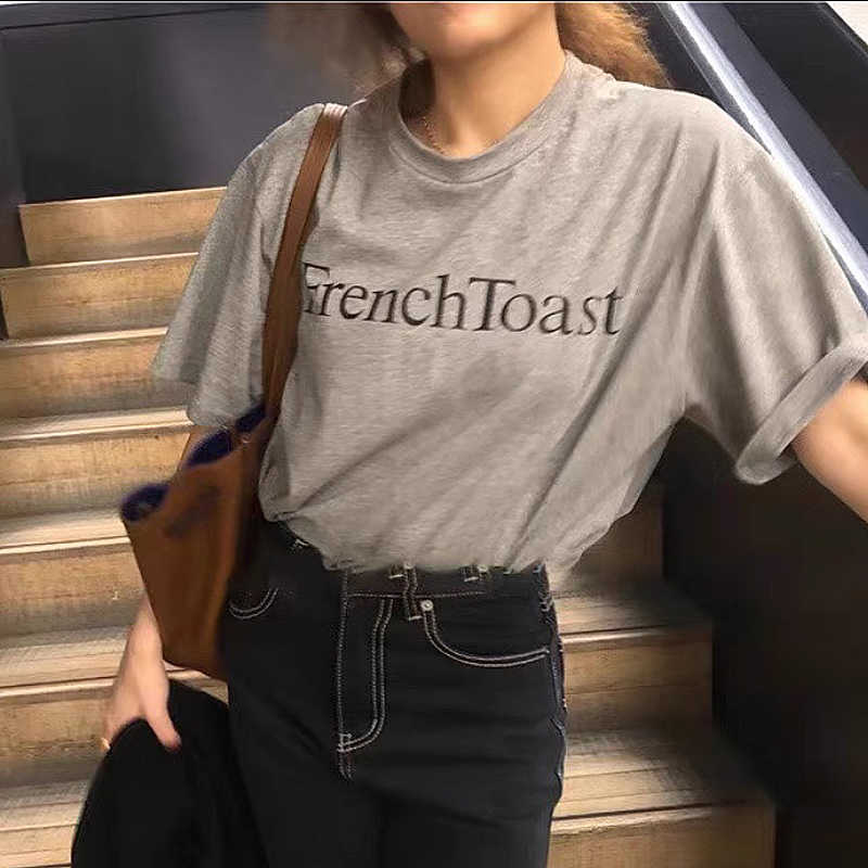 Korejpaa Women T-Shirt Summer Korean Chic Girls Simple Versatile Round Neck Loose Casual Printed Letters Short-Sleeved Top 210526