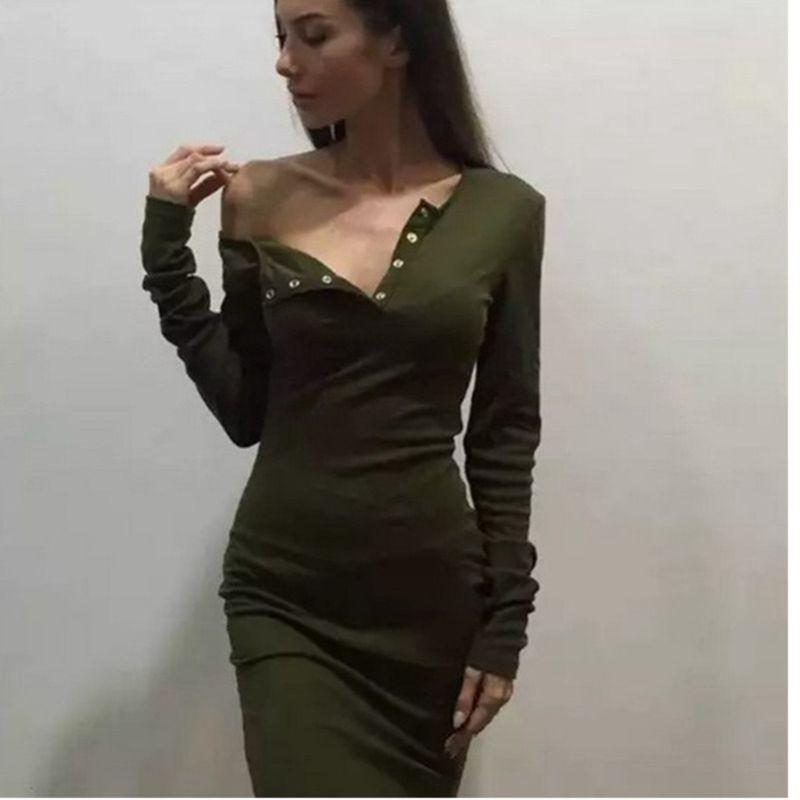 Autumn Sexy One Shoulder Dress Irregular Button Collar Long Sleeve Bodycon Party Dresses Streetwear Vestidos De Fiesta Ey* Casual