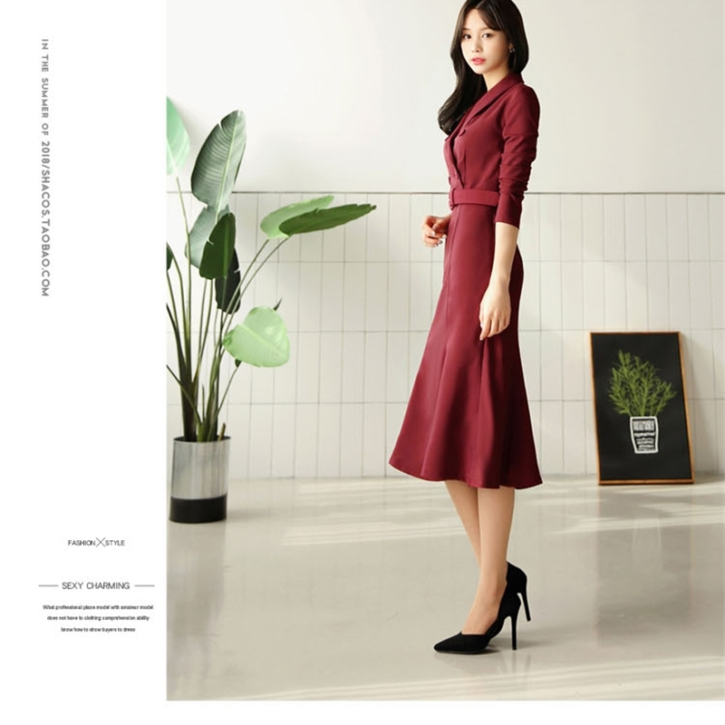 Autumn And Winter Arrival Fashion Elegant Korea Dress Women's Long Sleeve Double Breasted Notched Collar vestidos 210520