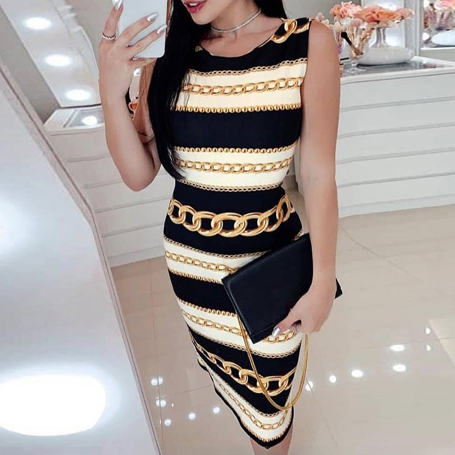 2019 New Fashion Chain Print Round Neck Dress Sexy Tight Sleeveless Ladies Long Dress MX190727, Black
2019 New Fashion Chain Print Round Neck Dress Sexy Tight Sleeveless Ladies Long Dress MX190727, Black