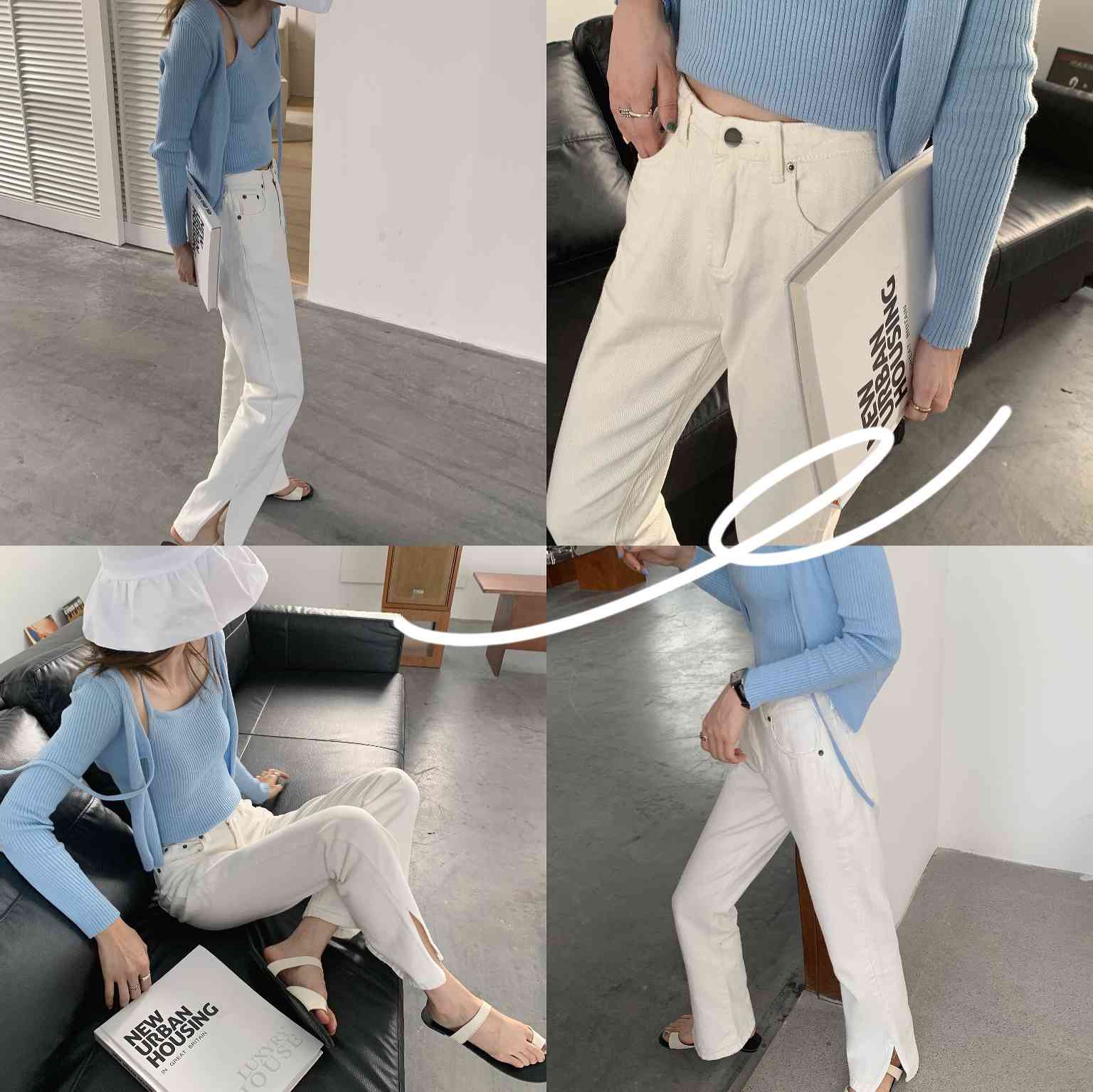 SML summer korean style loose women long White denim pants high waist Side Split jeans for womens (N0077) 210423