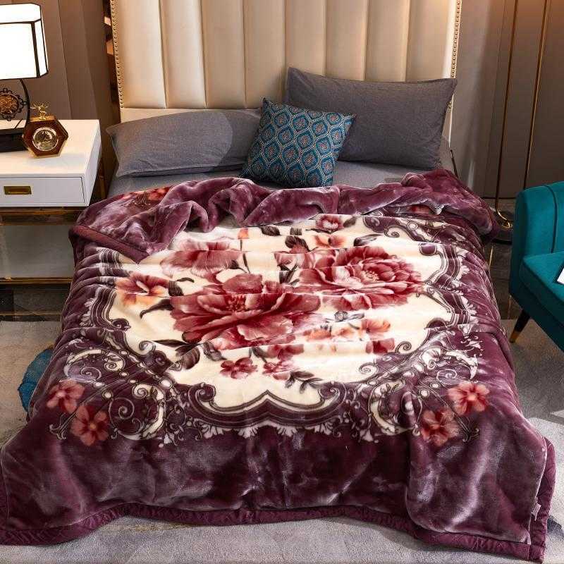 Double Layer Winter Thicken Raschel Plush Weighted Blanket For Double Bed Warm Heavy Fluffy Soft Flowers Printed Throw Blankets 211019