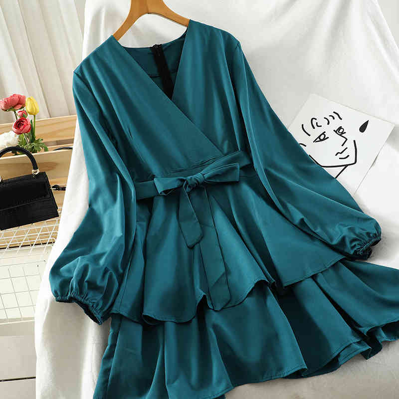 Vintage Women A-line Shirt Dress Autumn Casual High Waist Bow Belted Female Pleated Ruffle Dresses Vestito Da Donna 210519