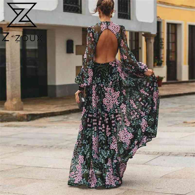 Z-zoux Women Dress Long Sleeve Embroidery Plus Size Printing Dresses Hollow Out Perspective Long Flowers Dresses Fashion 210409