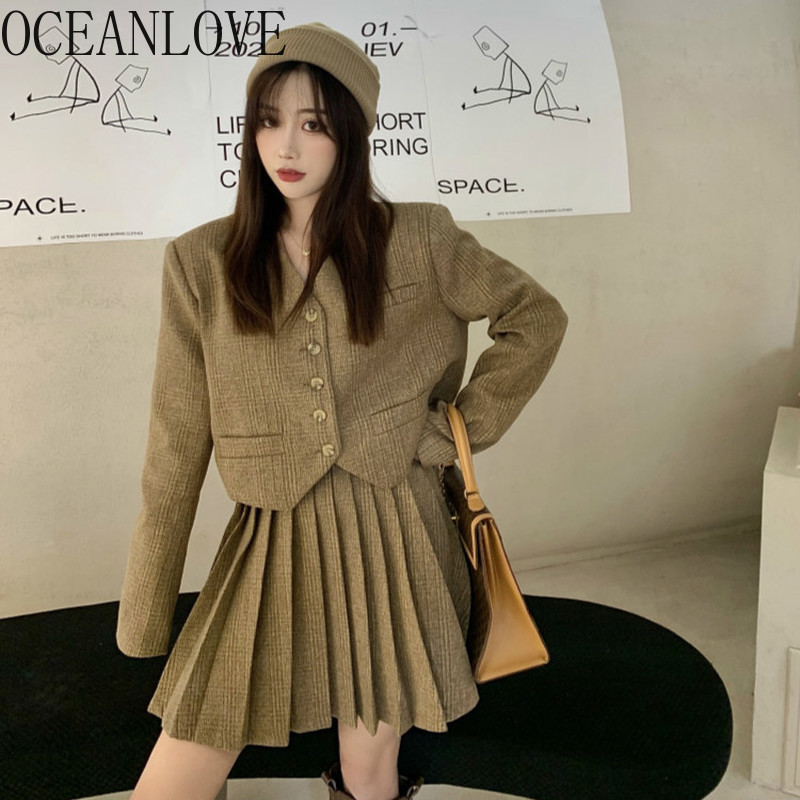 Plaid Femme Solid V Neck Short Single Breasted Vintage Mujer Chaquate Spring Korean Blazer Women 19660 210415