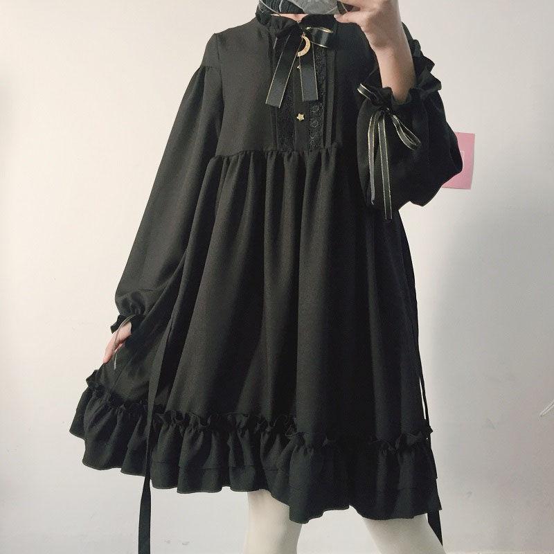 Casual Dresses QWEEK Dark Academia Style Gothic Dress Japanese Harajuku Ruffle Black Vintage Party Long Sleeve Cosplay Clothes Women