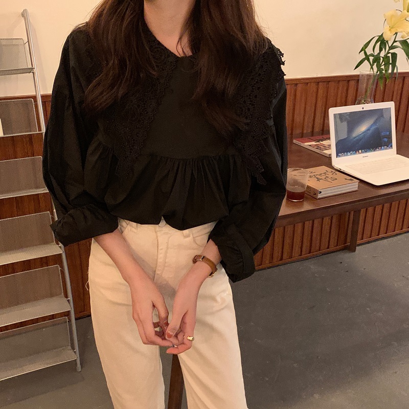 Nomikuma Korean Hook Hollow-out Turn-down Collar Blouse Causal Long Sleeve Pullover Tops New Women Blusas Shirt 6D565 210427