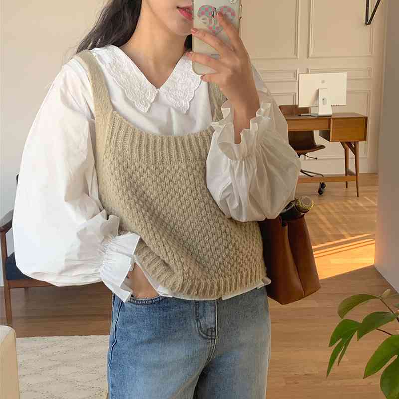 Sweaters&Jumpers Casual Back Lace Up Hollow Out Sweater Vest Women O Neck Sleeveless Retro Preppy Style Knit Pullovers Top Sexy 210429