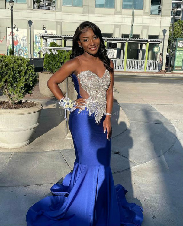 2021 Plus Size Arabic Aso Ebi Mermaid Royal Blue Prom Dresses Beaded Crystals Sheer Neck Evening Formal Party Second Reception Gowns Dress ZJ244