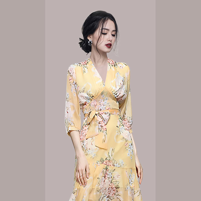 Runway Summer Two Piece Set Elegant Women Yellow Floral-Print Lace-Up Chiffon Top + High Waist Irregular Skirts Outfits 210519