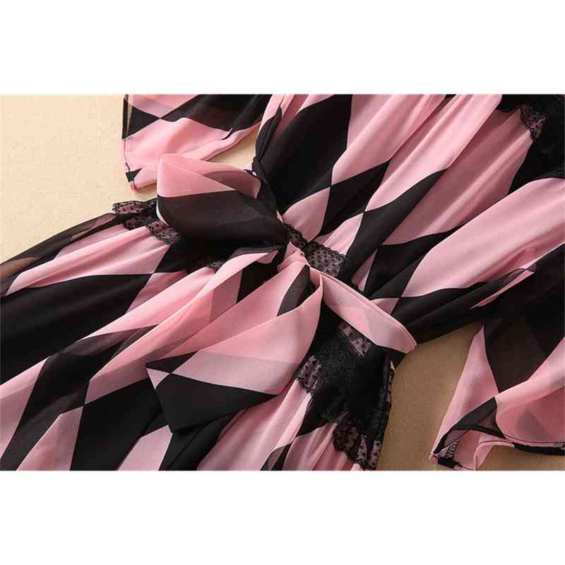 Spring Pink Geometric Printed Lace Patchwork Slim-Fit Lace-up Small Stand-up Collar Suspender Dress Women 210615Z