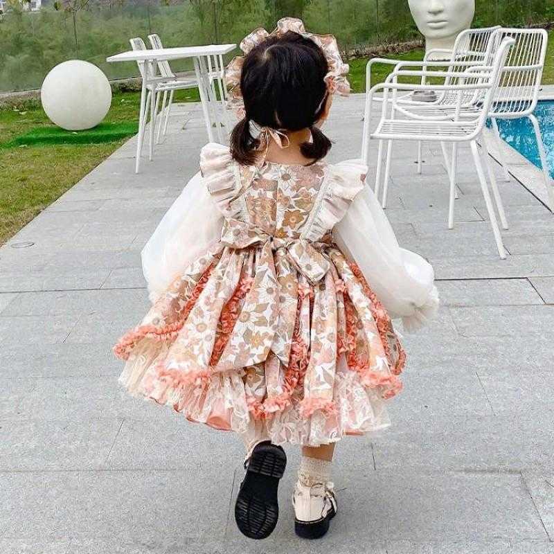 Vinage Kids Girls Spanish Lotia Dresses with Headwear Children Long Sleeve Spain Tulle Ball Gowns Cotton Liner Clothes 210615