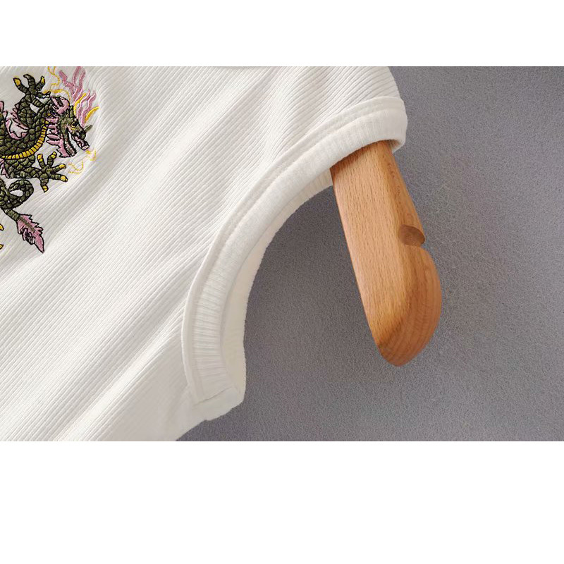 Fashionable Navel Sexy Black Panlong Chic Women's Top Round Neck Embroidered Skinny Ribbed Sleeveless Female T-shirt 210507